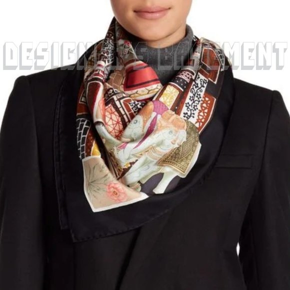 SALVATORE FERRAGAMO black & blue Tower GEMMA ELEPHANT silk scarf NWT +envelope🎁 - Picture 4 of 5